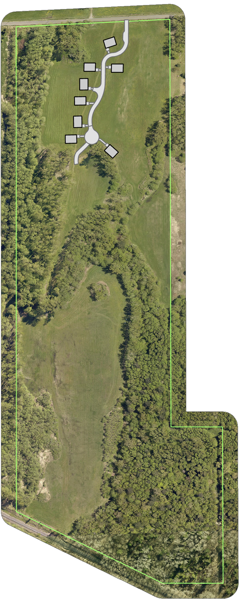 Aerial site plan of Project Devernon: an 85-acre former sand mine with 8 family homes clustered on high ground near the county road, away from wetlands, and roughly 80 acres of protected habitat including restored stream buffers.