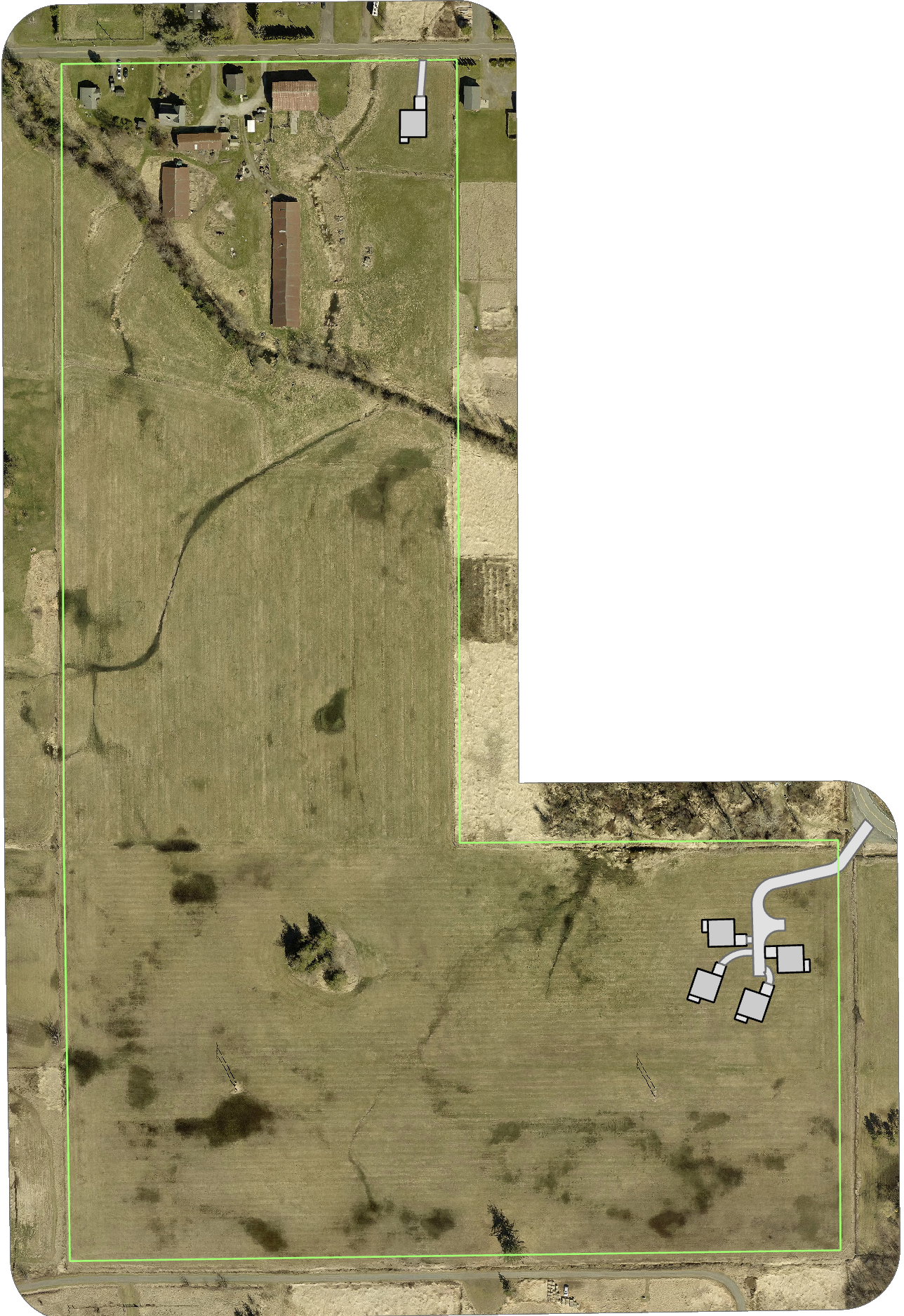 Aerial site plan of Project Longford: a 40-acre farm with 8 clustered homes on the north end and roughly 34 acres of protected open space, woodland, and salmon-stream habitat.